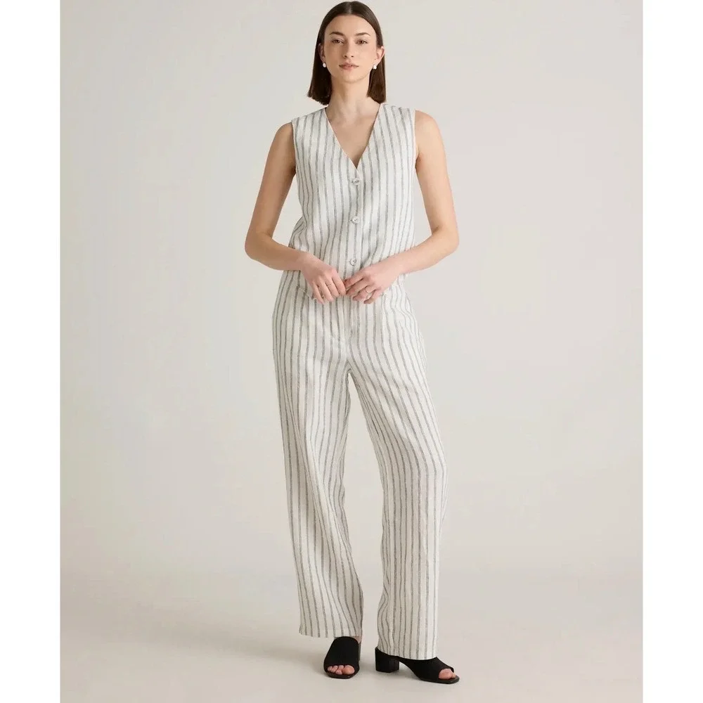 Quince Womens Sz 6 Oatmeal Black Striped 100% Linen Pleated Trouser Pants